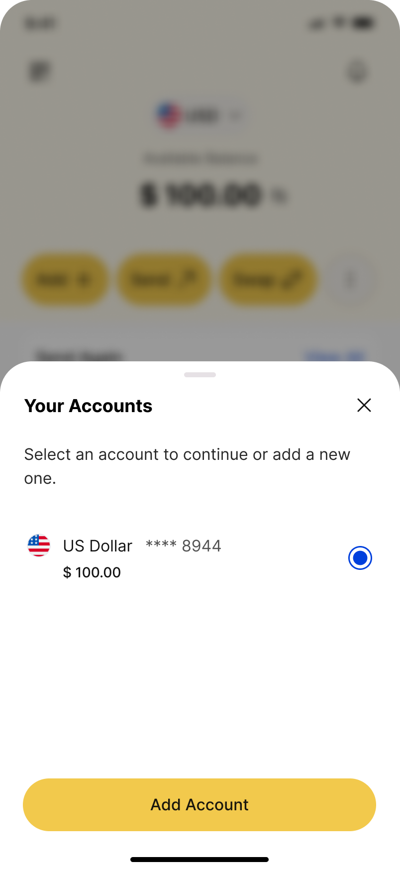 GlobalTravelWallet app showing a list of currency accounts