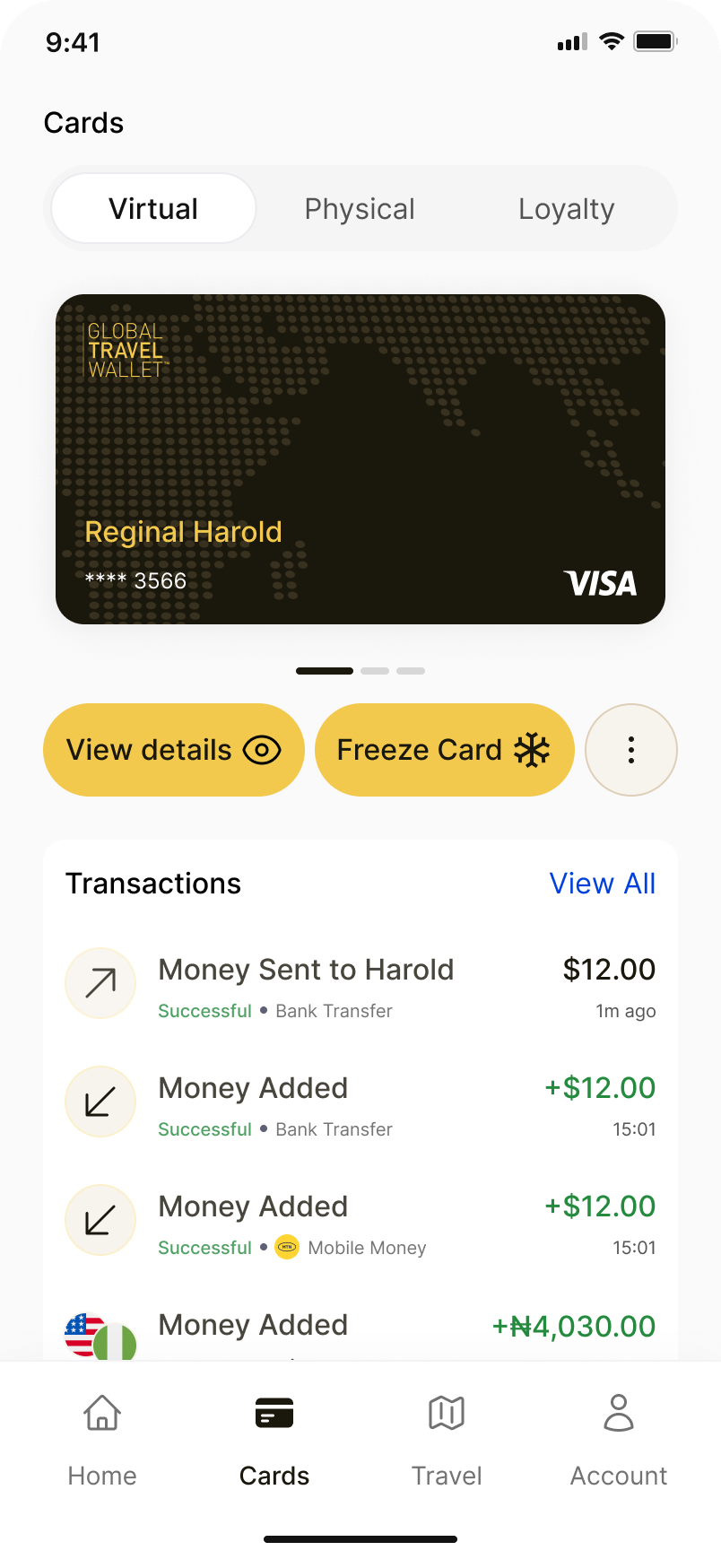GlobalTravelWallet app showing a virtual Visa card